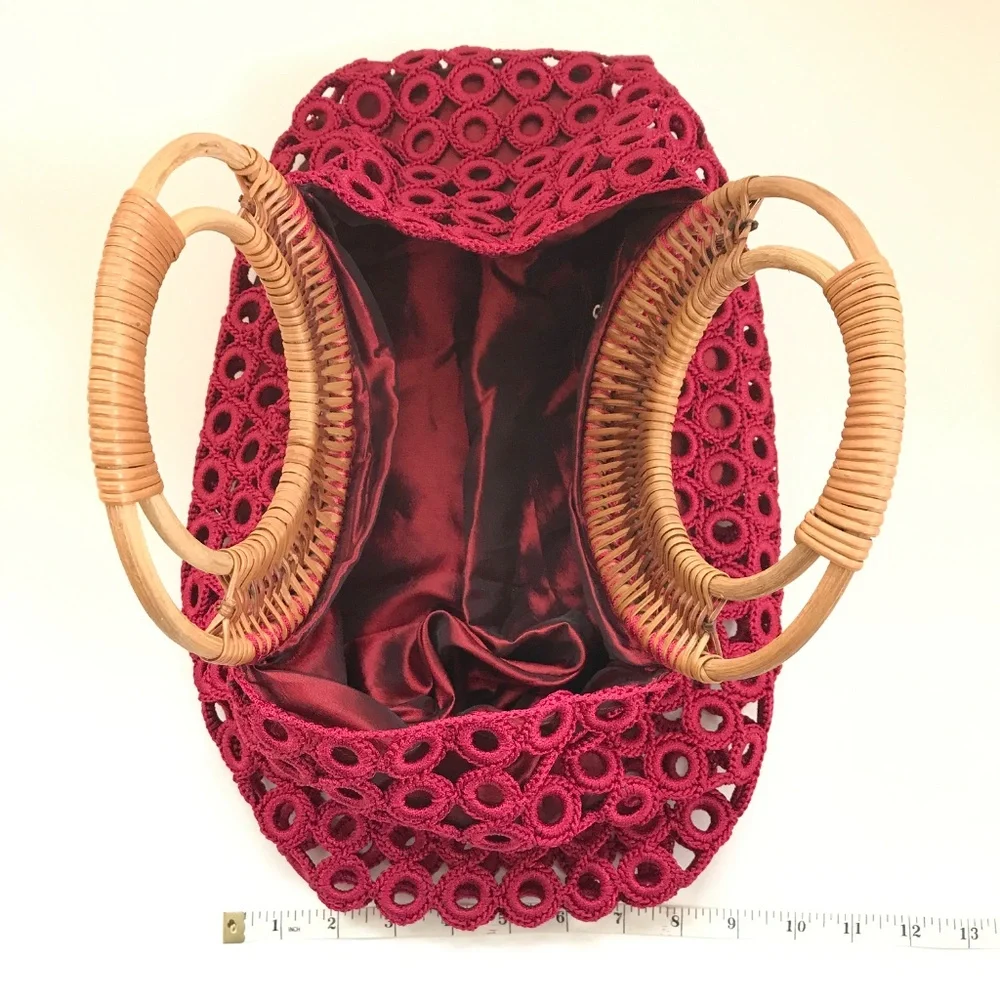 ENRICO VERSARI Italian Handcrafted Crochet & Rattan Satchel Red Bag EUC